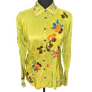 Vintage Inspired Johnny Was Green Floral Embroidered 100% Silk Button-Up Shirt S